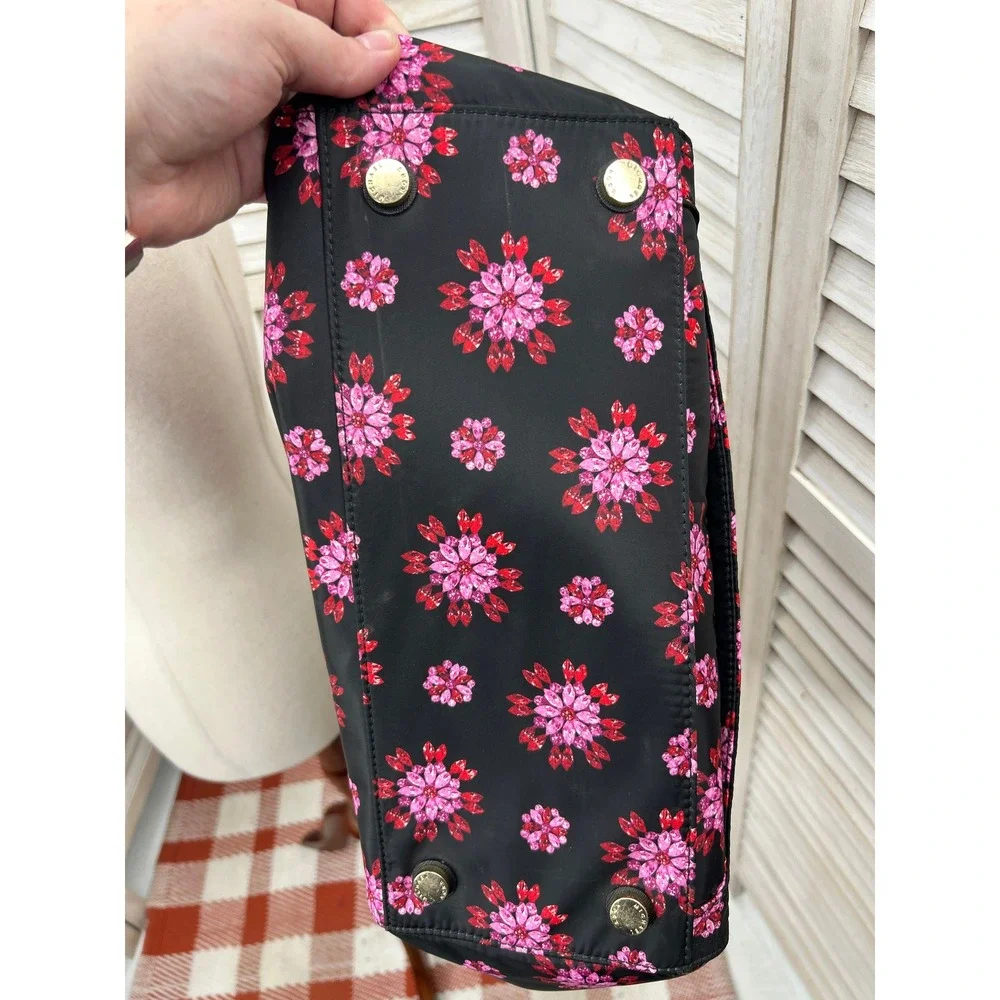 Michael Kors Nylon Kelsey Tote Bag Black & Pink Gem Floral Laptop Bag Work Purse